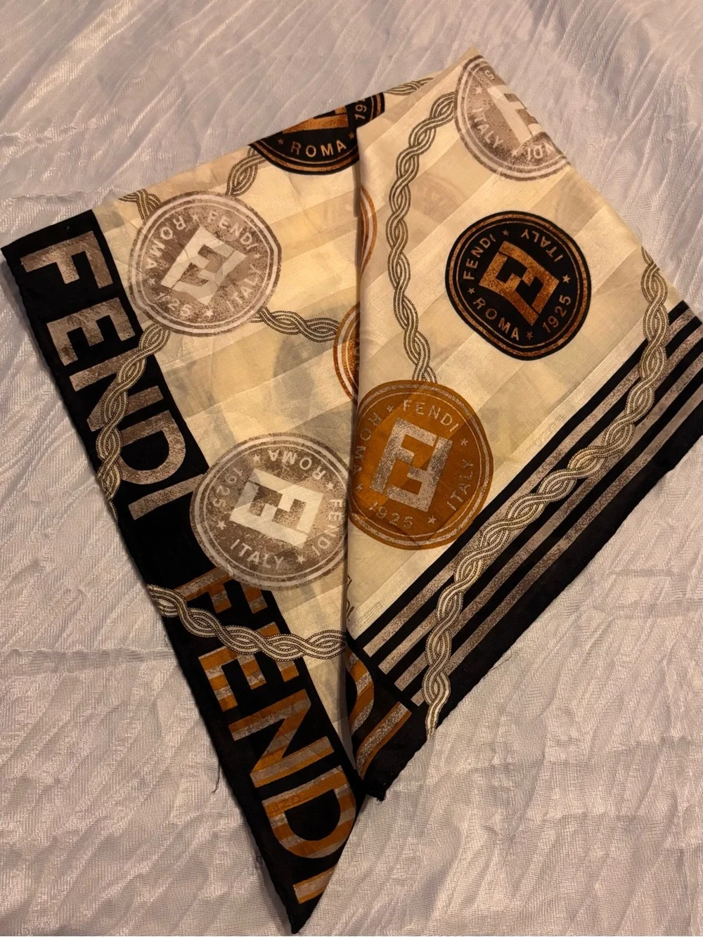 Fendi Cream, Brown & Tan Logo Medallion Cotton Scarf 22.5 x 22.5